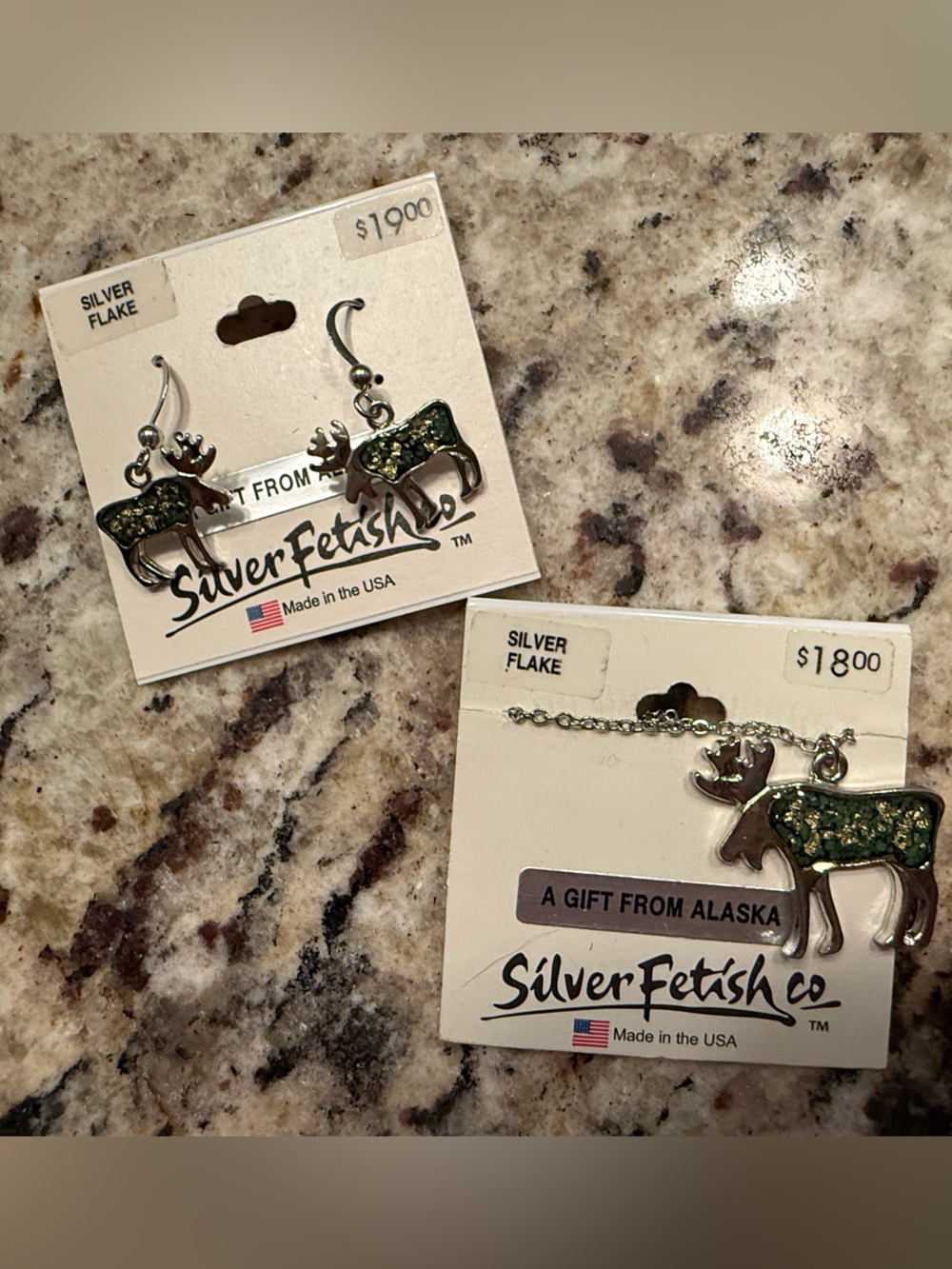 Silver Fetish Co Alaska Silver Flake Whale Tail Pendant Necklace Earrings Set
